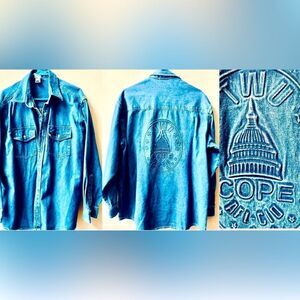 TRANSPORT WORKERS UNION EMBOSSED “TWU COPE” VINTAGE DENIM SHACKET SIZE XL~RARE*